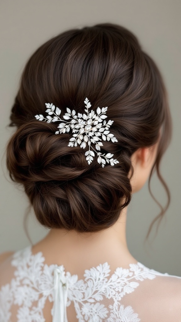 Puffed updo hairstyle with bangs and hairpiece