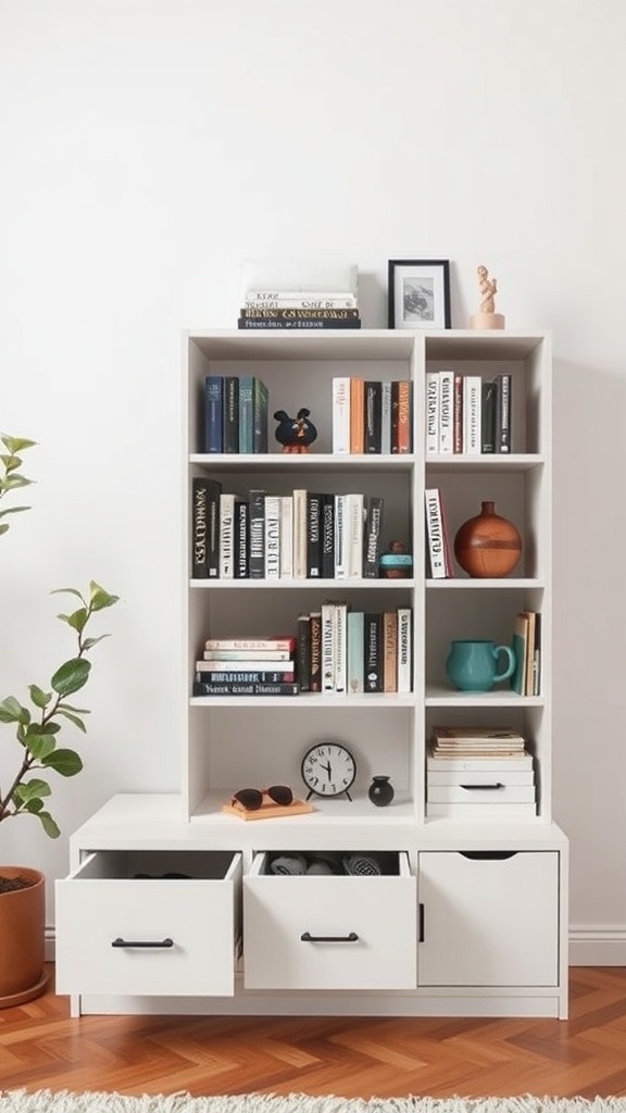 A modern bookshelf with pull-out drawers and decorative items.