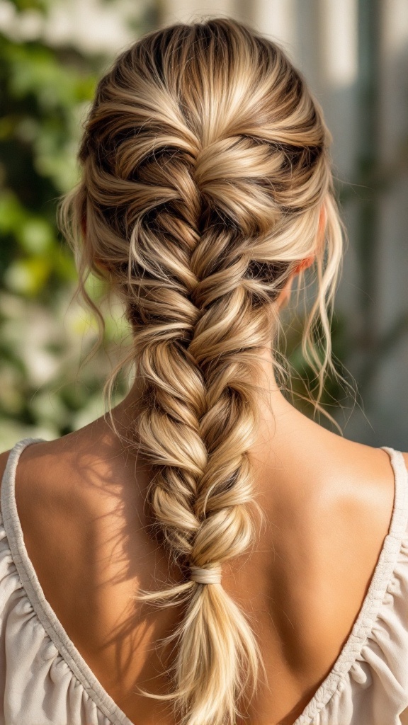 A back view of a pull-through braid hairstyle, showcasing a stylish summer look.