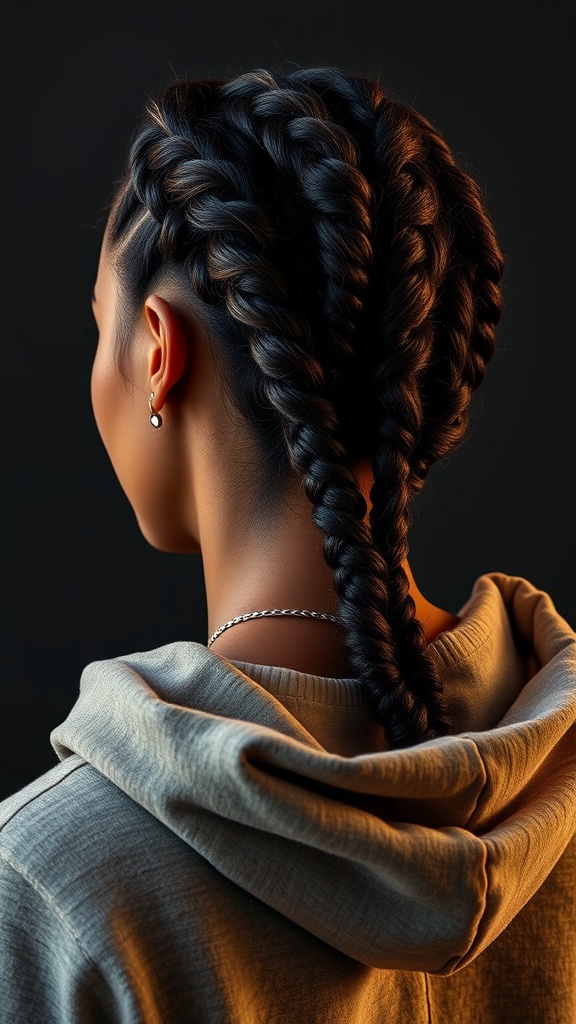 A person with two pulled-back twists wearing a hoodie, showcasing a stylish hairstyle.