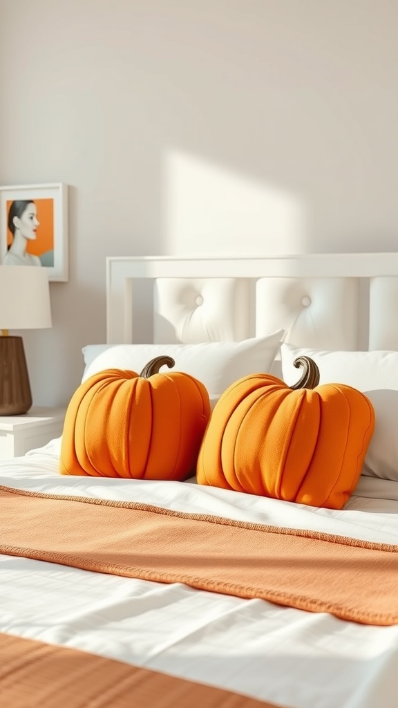 Two pumpkin-shaped accent pillows on a bed with white bedding and an orange throw blanket