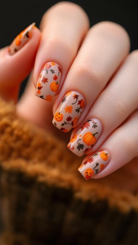 Nail design featuring pumpkins and autumn colors