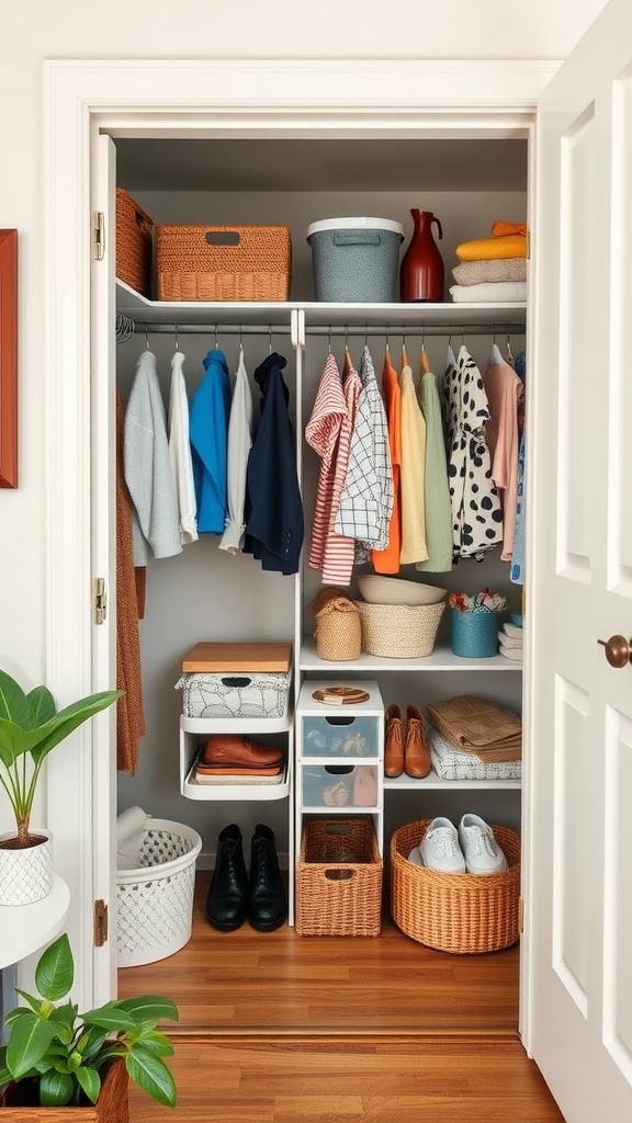 A well-organized toddler closet showcasing clothes, shoes, and storage bins.