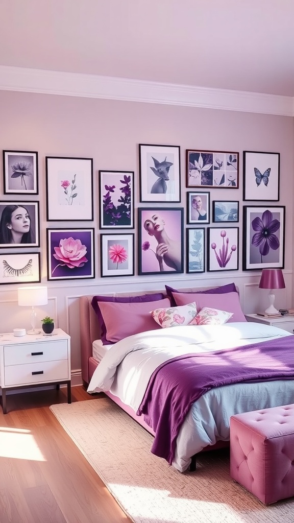 A purple-themed gallery wall with various framed artworks in a stylish bedroom.