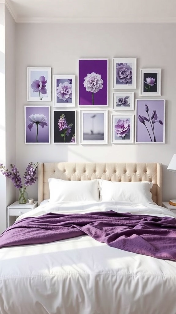 A purple-themed gallery wall with floral prints above a bed with purple bedding.