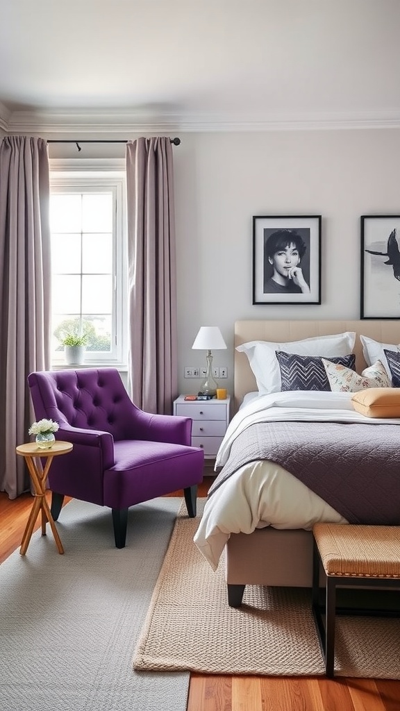 A cozy bedroom featuring a purple accent chair next to a bed with neutral bedding and soft curtains.