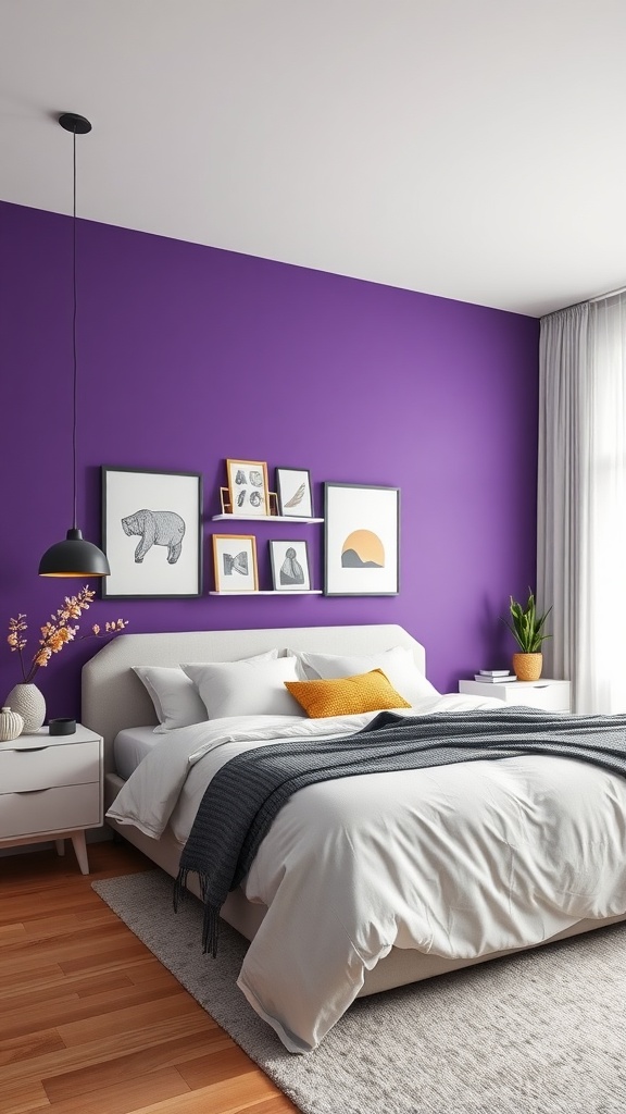 A modern bedroom featuring a purple accent wall with various framed artworks, a cozy bed with neutral bedding, and stylish decor.