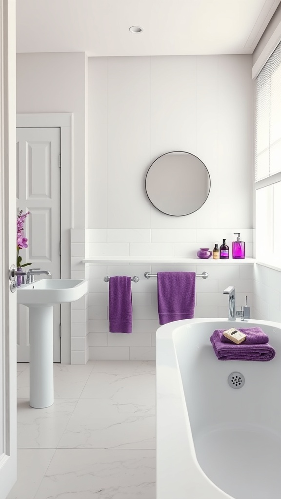 A modern bathroom featuring purple towels and accessories against neutral walls.