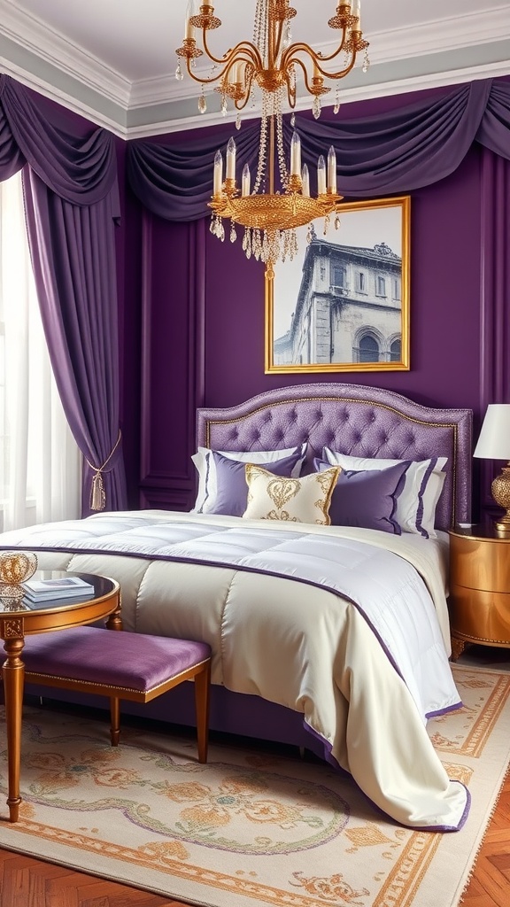 A luxurious purple bedroom featuring gold accents, a chandelier, and elegant decor.