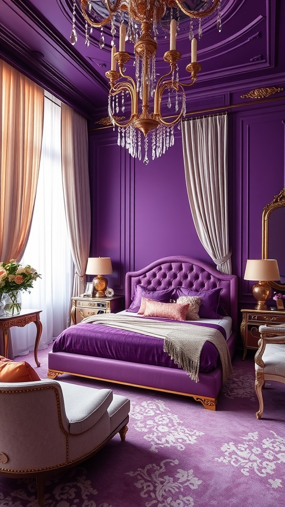 A luxurious purple bedroom featuring gold accents, a chandelier, and elegant furnishings.