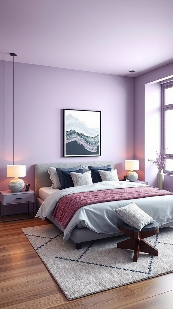 A stylish bedroom featuring lavender walls, gray bedding, and modern decor.