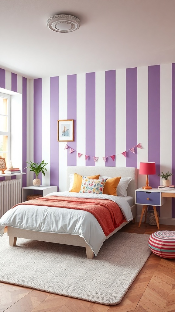 A bedroom with purple and white striped walls, featuring a cozy bed, colorful pillows, and playful decor.