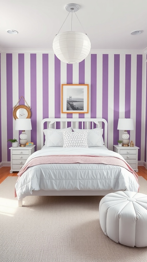 A stylish bedroom featuring purple and white striped walls, white bedding, and modern furniture.