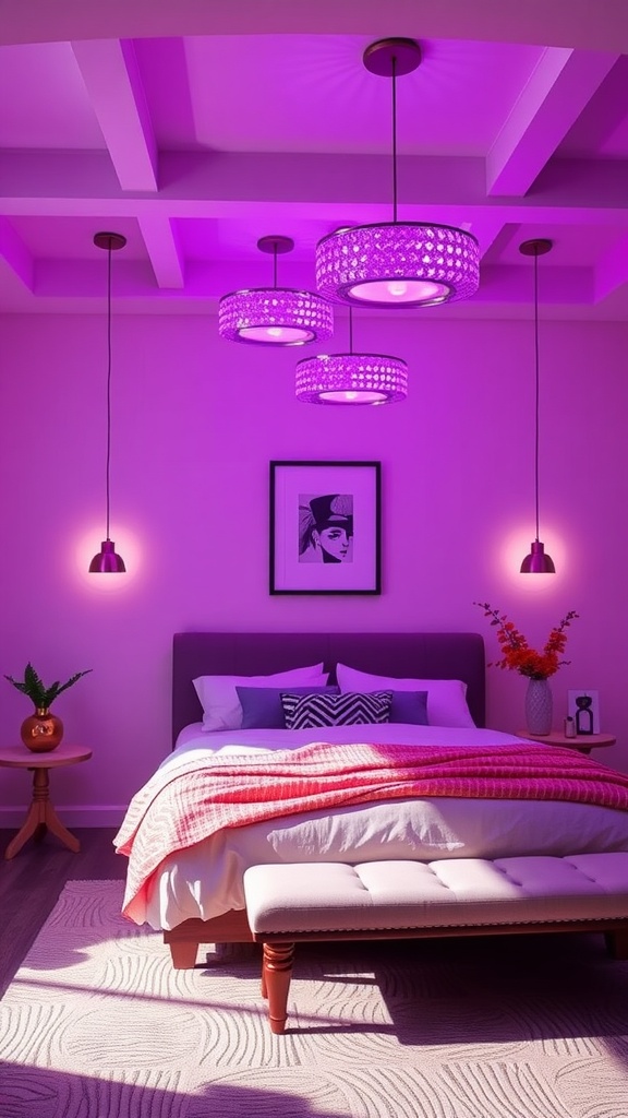 A cozy bedroom with purple lighting fixtures, featuring pendant lights and wall sconces.