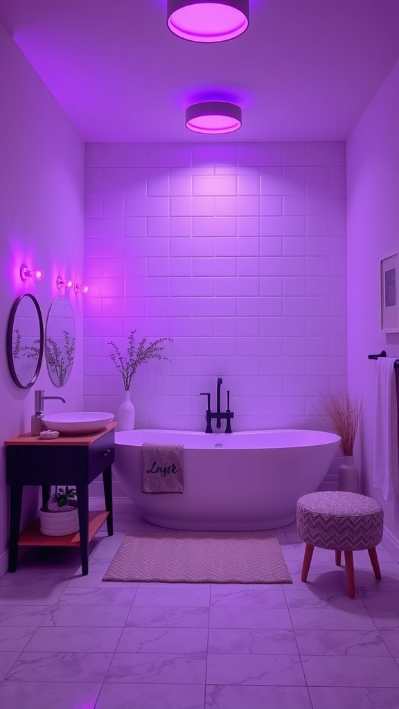A modern bathroom with purple lighting fixtures, featuring a freestanding bathtub, mirrors, and a stylish decor.