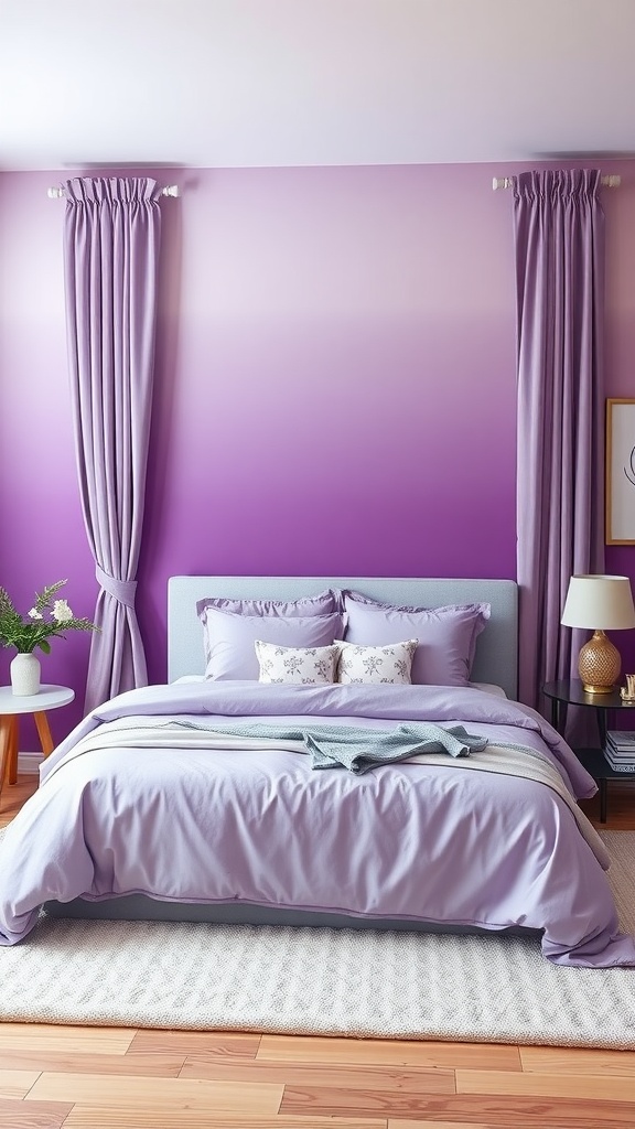 A purple ombre bedroom featuring a gradient wall, matching curtains, and soft lavender bedding.