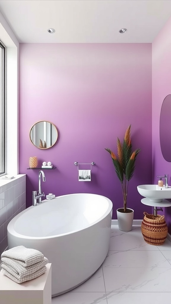 A modern bathroom featuring purple ombre walls, a white bathtub, and stylish decor.