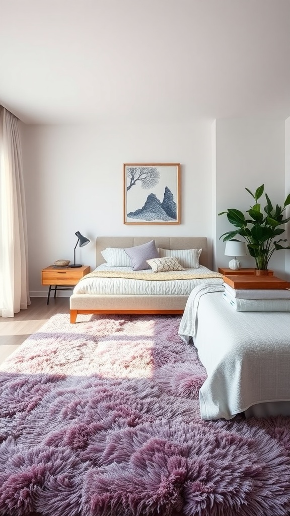 A cozy bedroom featuring a fluffy purple rug, a bed with light bedding, and a plant in the corner.