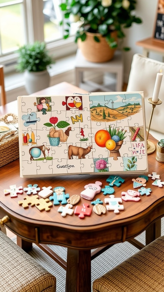 A colorful puzzle guestbook with various shapes and designs on a table.