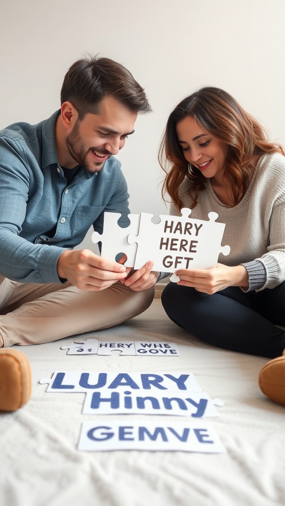 A couple enjoying a puzzle reveal for their baby's gender, smiling and interacting with puzzle pieces.