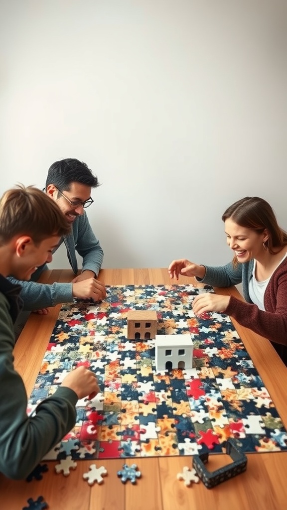 A group of four people working on a colorful puzzle together on a wooden table.