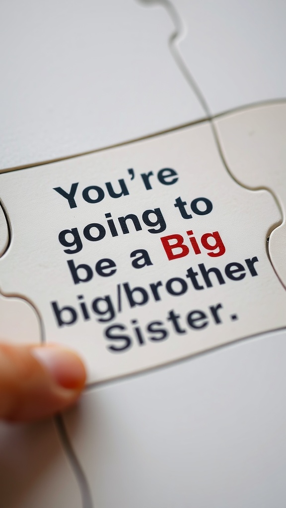 A close-up of a puzzle piece with the text 'You're going to be a Big big/brother Sister.'