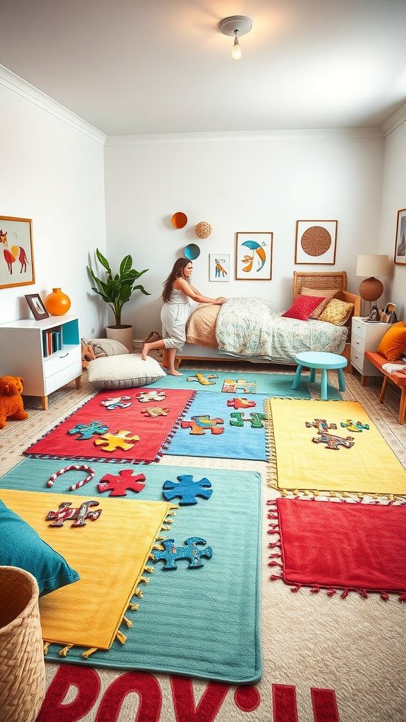 A colorful puzzle play area in a bedroom with soft mats and cozy decor.