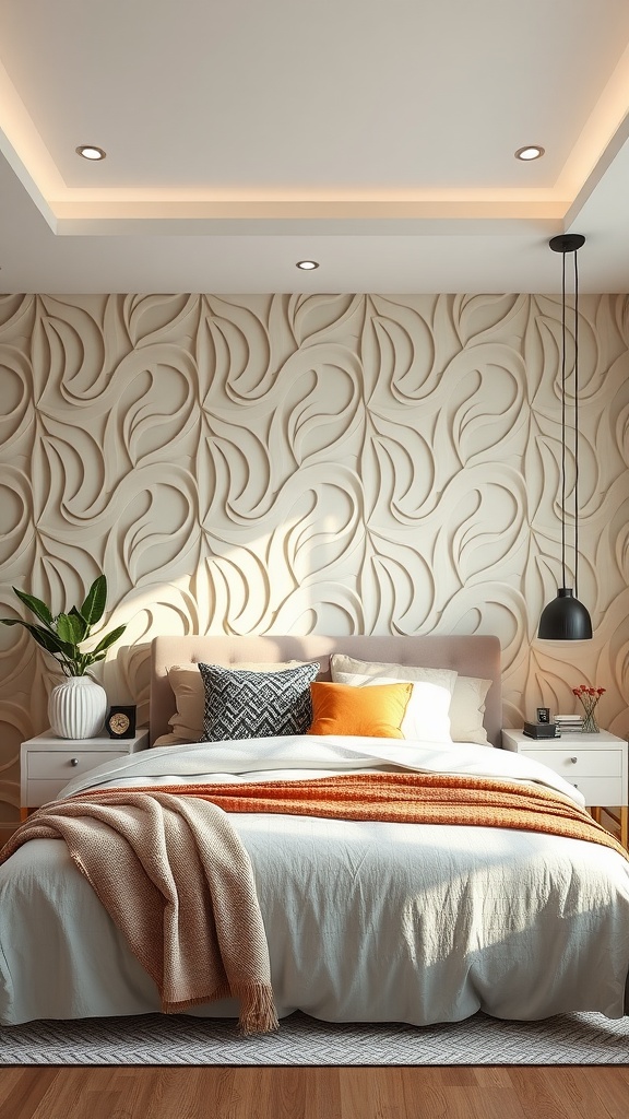 A bedroom featuring textured PVC wall panels, a comfortable bed, and stylish decor.