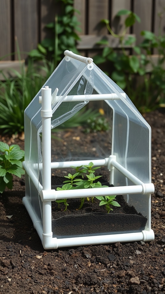 A small mini greenhouse made from PVC pipes, with clear plastic covering and young plants inside.