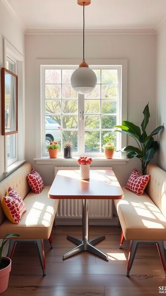 A cozy breakfast nook featuring beige banquettes, patterned pillows, a round table, and large windows with natural light.
