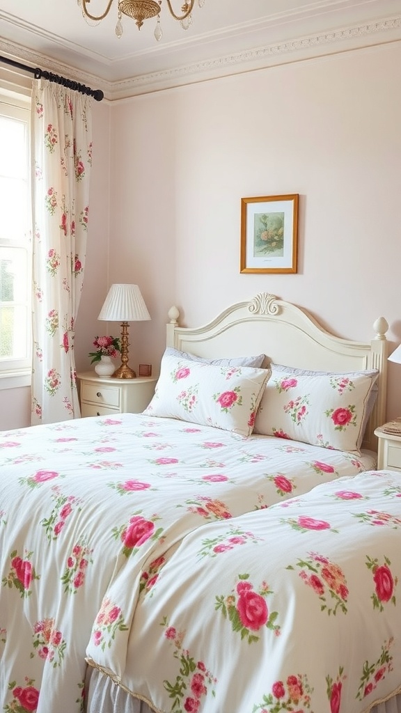 A cozy French country bedroom featuring floral patterns on bedding and curtains.