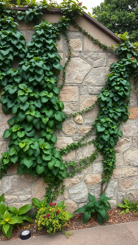 A stone garden wall covered with green climbing plants and colorful flowers at the base.