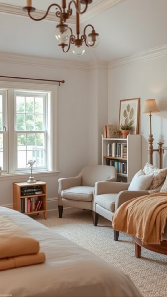Cozy bedroom with a reading nook featuring an armchair, bookshelf, and soft lighting.
