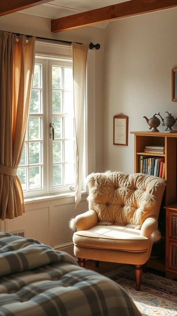 Cozy reading nook with an armchair by the window in a cottage bedroom