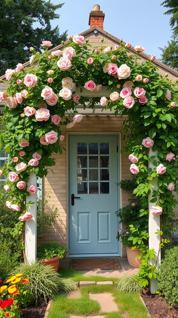 A quaint cottage with a blue door, surrounded by a trellis covered in pink and cream roses.