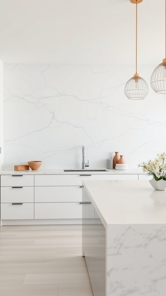 A modern kitchen featuring a white quartz stone backsplash with elegant veining, minimalist cabinetry, and stylish pendant lights.