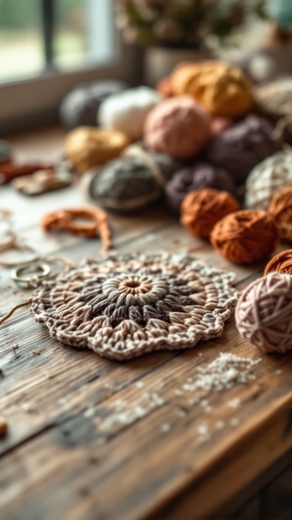 A close-up of a crochet keychain on a wooden table, surrounded by various yarn balls in warm colors.