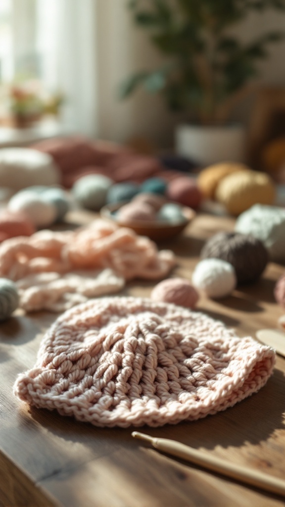 A cozy crochet baby hat made with soft pink yarn, surrounded by various colorful yarn balls on a wooden table.