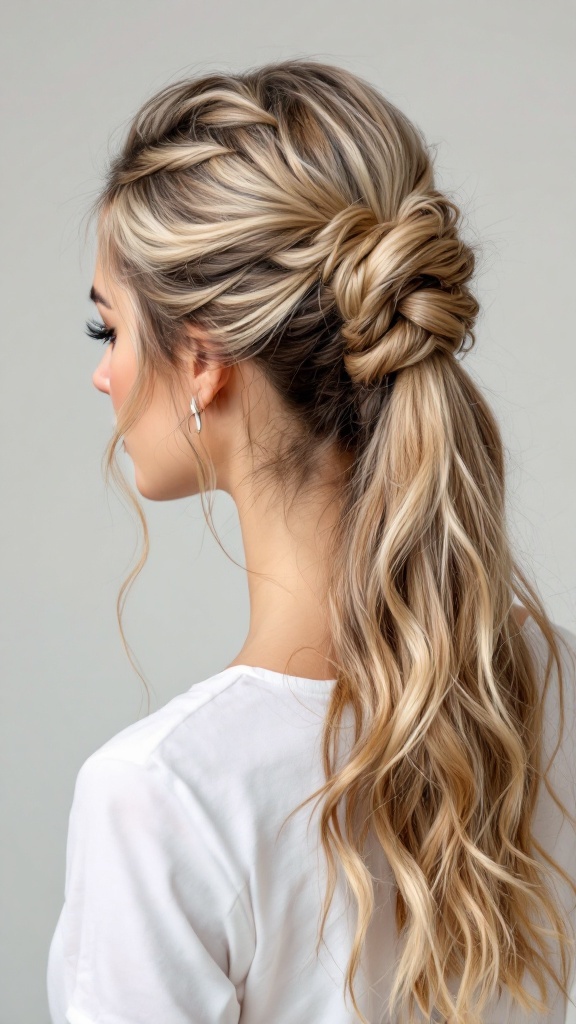 A stylish half up half down ponytail showcasing a braided detail and soft waves.