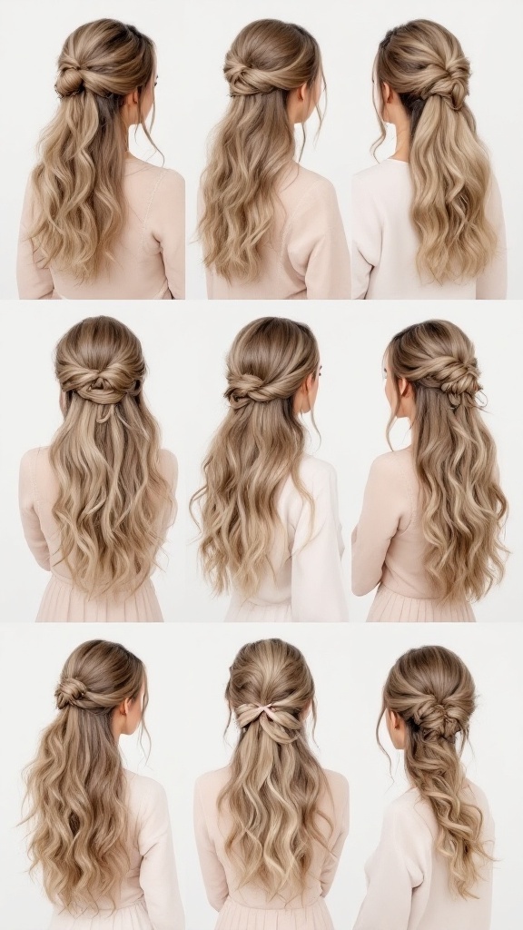 A collage of half up half down hairstyles showcasing different variations of the style.
