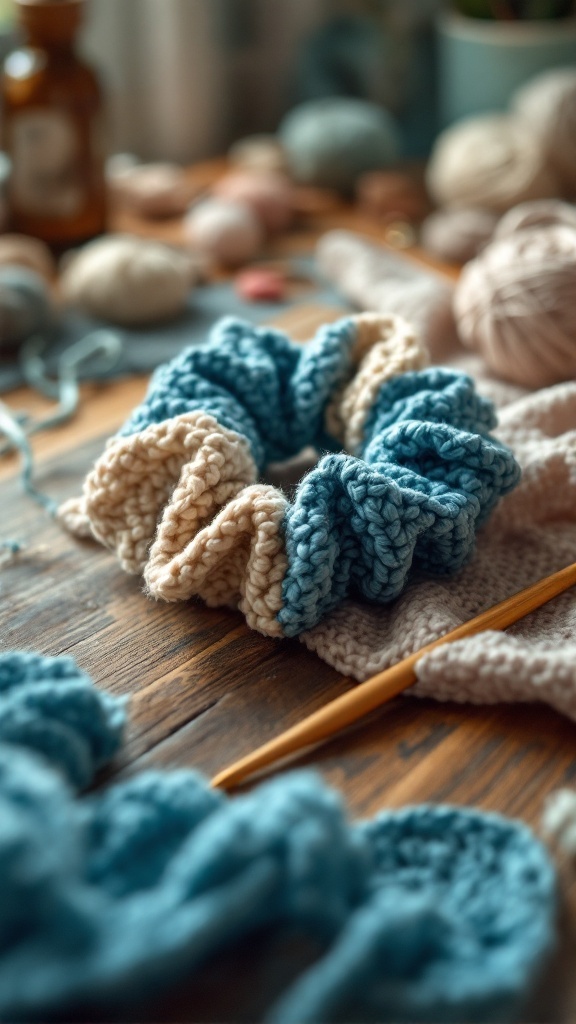 A crocheted scrunchie in blue and cream resting on a wooden table, with yarn and crochet tools around it.