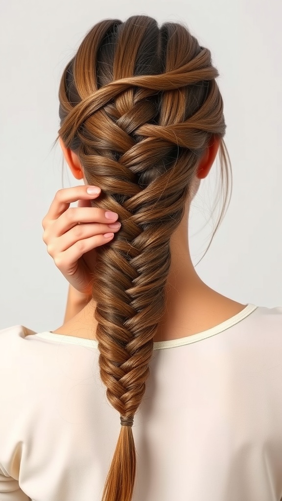 A fishtail braid hairstyle on long hair, showcasing intricate weaving and a polished finish.