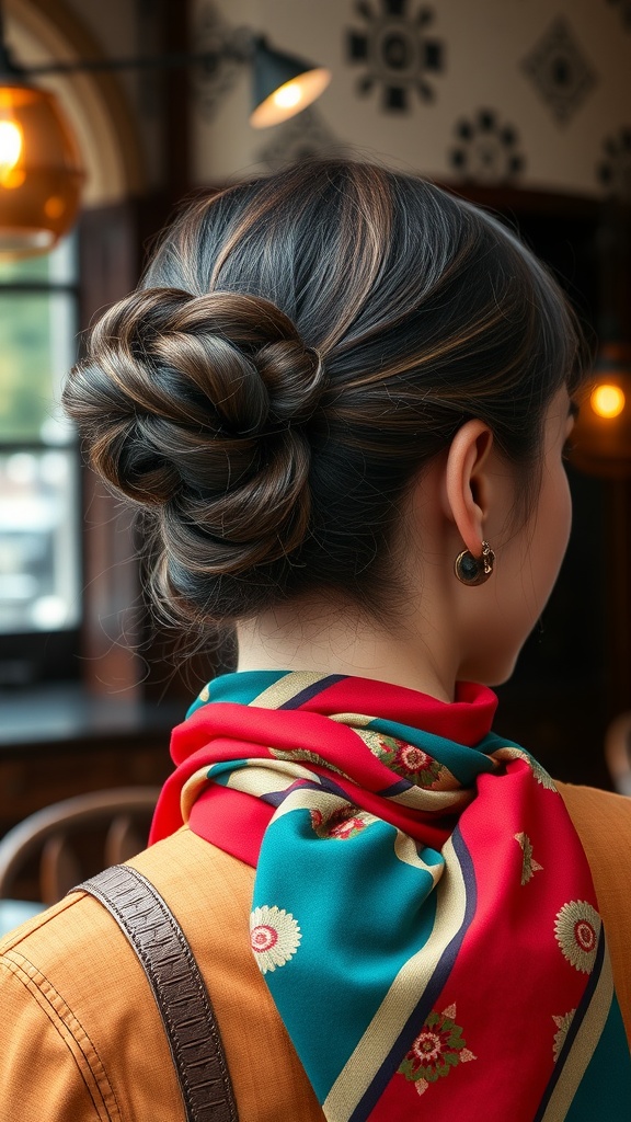 A woman with long hair styled in a bun, wearing a colorful scarf tied around her neck.