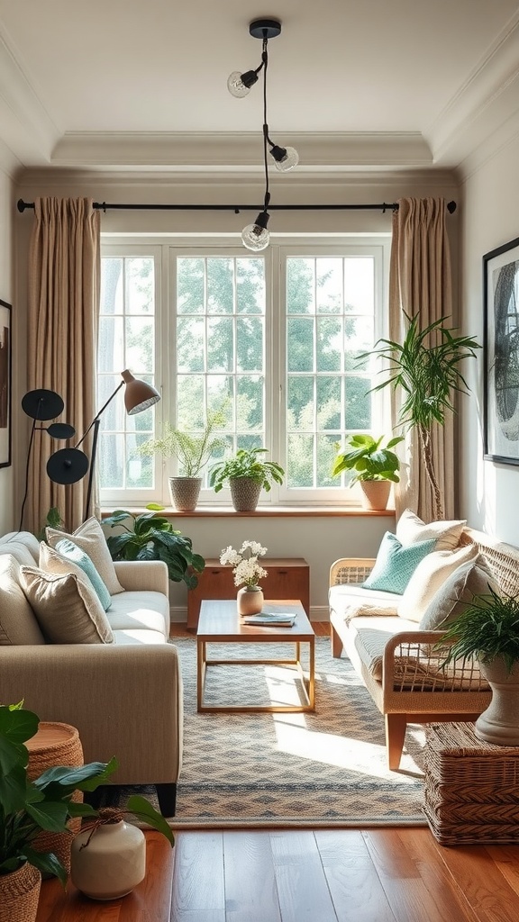 A cozy family room featuring large windows, comfortable sofas, and indoor plants, perfect for meditation.
