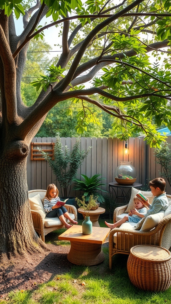 Children reading in a cozy backyard nook under a large tree