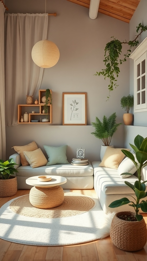 A serene toddler playroom corner with a cozy couch, soft cushions, plants, and a round rug.