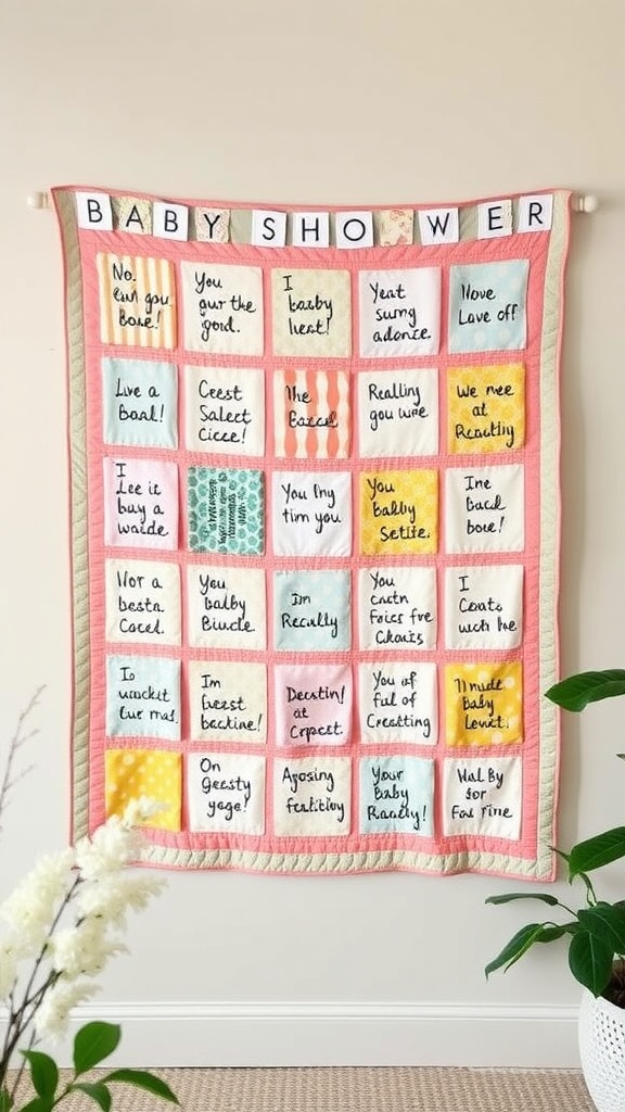 A colorful quilt with various phrases for a baby shower guest book.