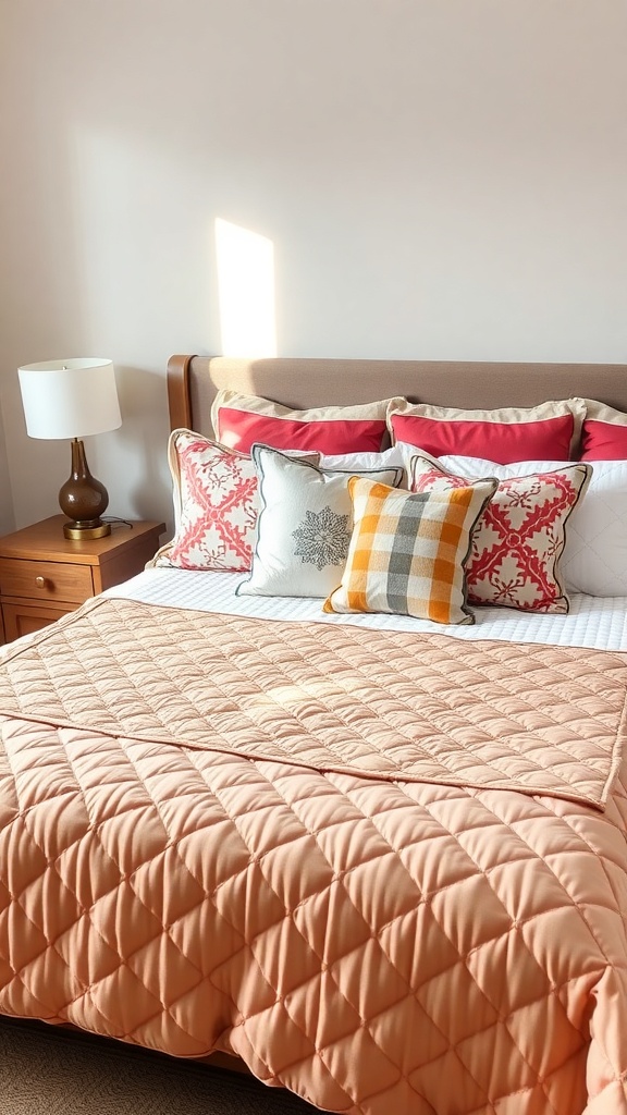 A cozy bedroom featuring a quilted peach bedspread and decorative pillows in various patterns.