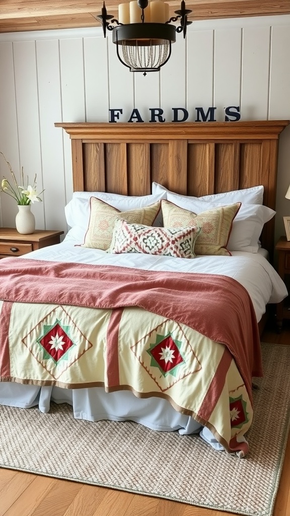 A cozy farmhouse bedroom featuring a quilted blanket layered on a bed with decorative pillows and a wooden headboard.