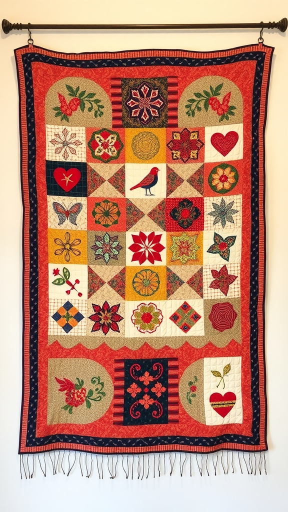 A colorful quilted fabric wall hanging featuring various floral and heart designs.